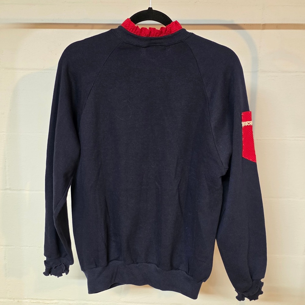Vintage 80s Activewear Navy Blue Ruffle Collar Polka Dot Sweatshirt Women Medium - Picture 12 of 12